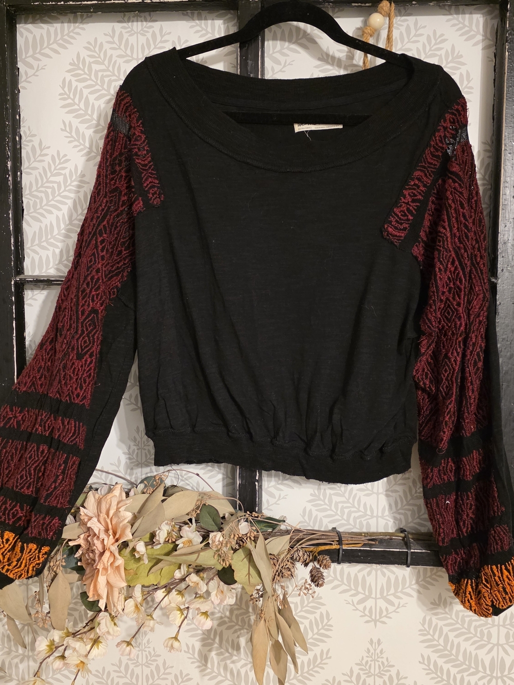 We The Free Black Pullover with Burgundy Crochet Balloon Sleeves